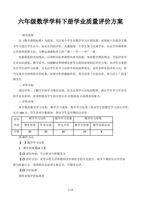 六年级数学学科下册学业质量评价方案