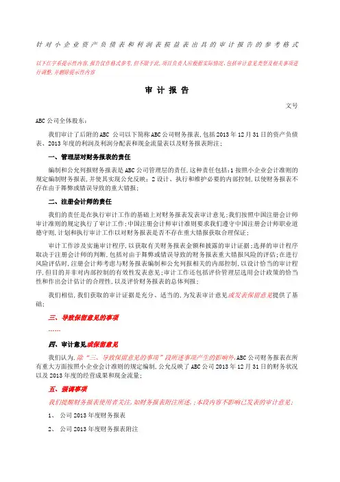 执行小企业会计准则财务报表审计报告及报表附注参考格式