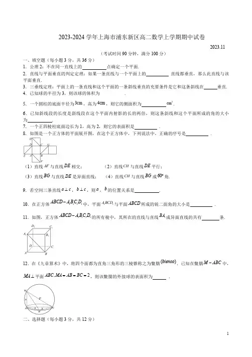 2023-2024学年上海市浦东新区高二数学上学期期中试卷附答案解析