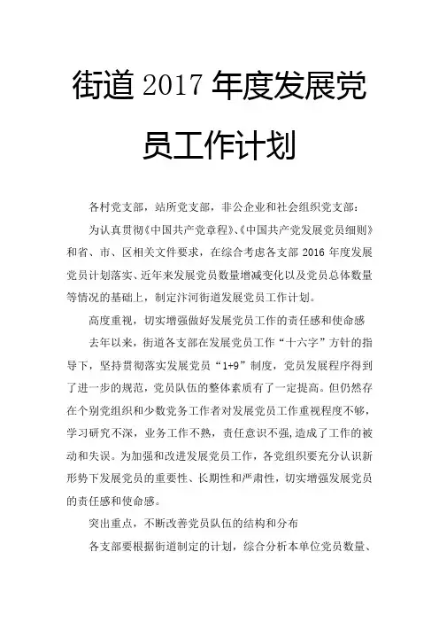 街道2017年度发展党员工作计划