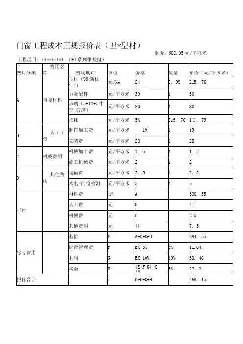 门窗工程成本正规报价表