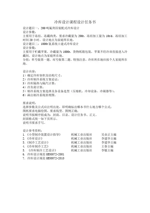 冷库设计课程设计任务书