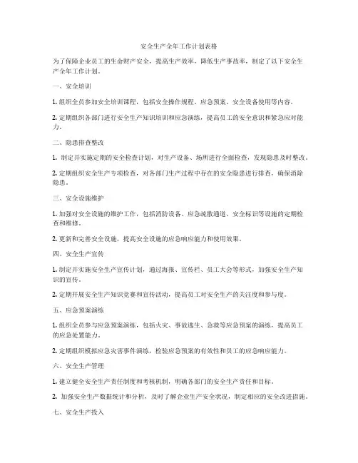 安全生产全年工作计划表格
