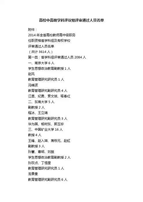 高校中高级学科评议组评审通过人员名单