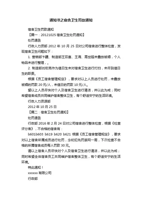 通知书之宿舍卫生罚款通知