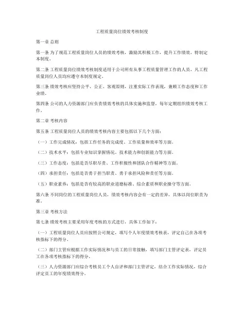 工程质量岗位绩效考核制度