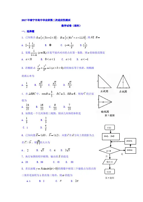 广西南宁市高三第二次适应性考试数学理试卷 Word版含答案