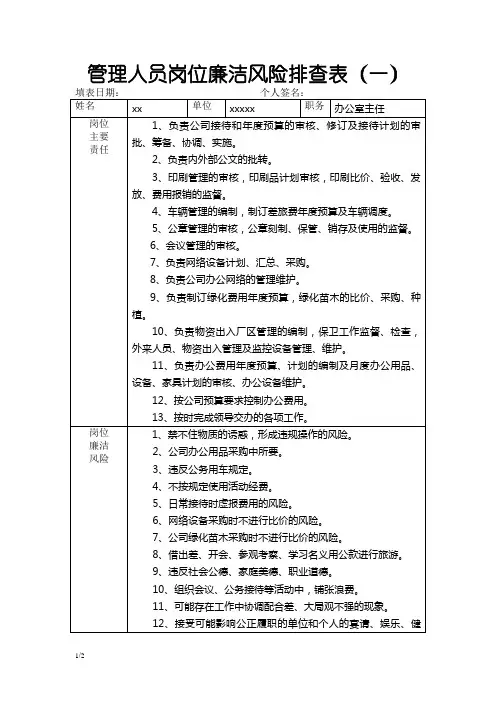 管理人员岗位廉洁风险排查表