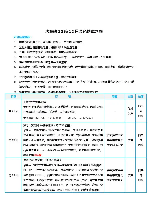 法意瑞10晚12日金色快车之旅