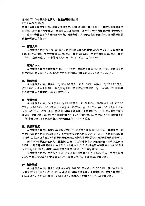 10 浙江省台州市2010年第六次全国人口普查主要数据公报