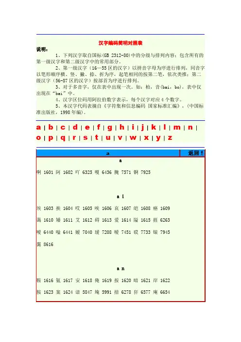 汉字编码简明对照表