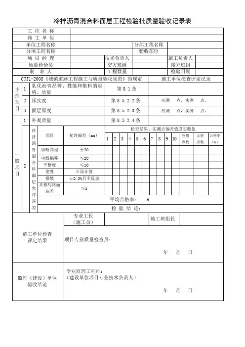 冷拌沥青混合料面层工程检验批质量验收记录表