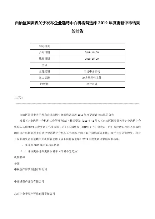 自治区国资委关于发布企业选聘中介机构备选库2019年度更新评审结果的公告-