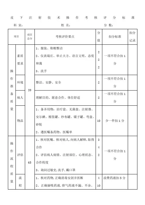 皮下注射技术操作考核评分标准