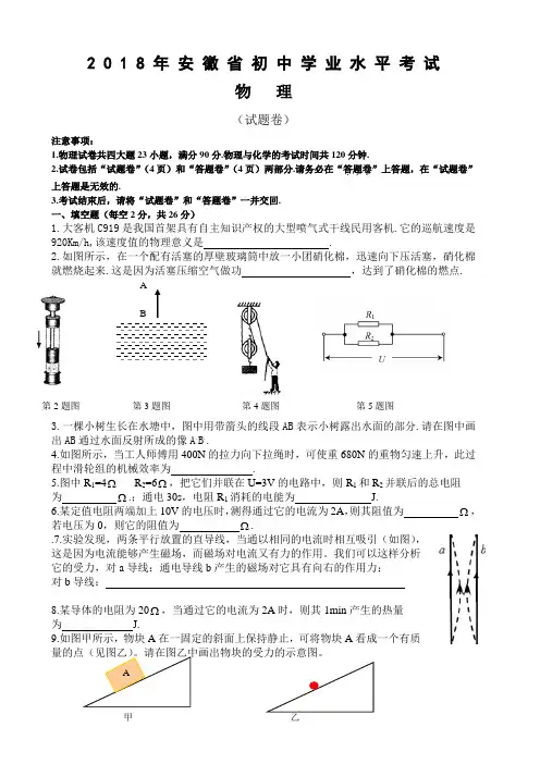 2018年安徽中考物理真题含答案解析