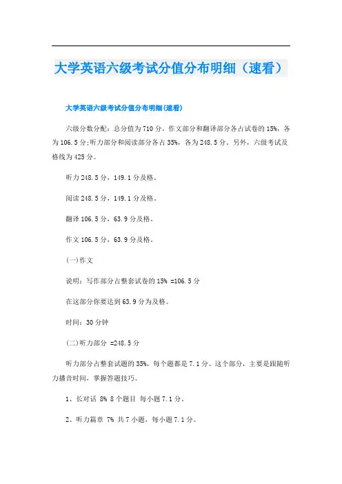 大学英语六级考试分值分布明细(速看)