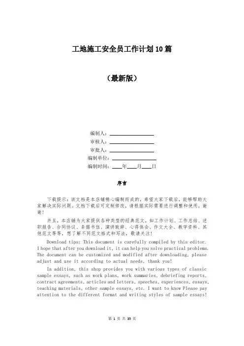 工地施工安全员工作计划10篇