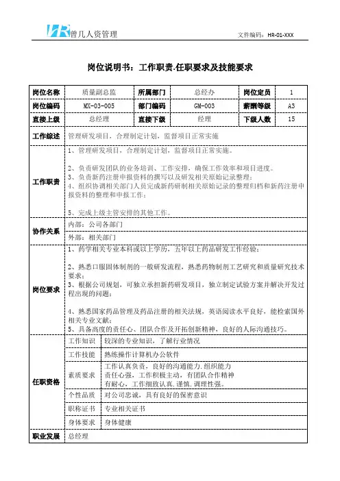 质量副总监岗位职责说明书和任职要求