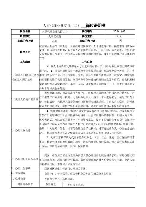 人事代理业务支持(二)岗位说明书