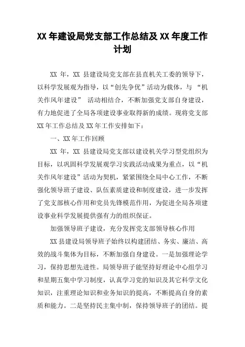 XX年建设局党支部工作总结及XX年度工作计划