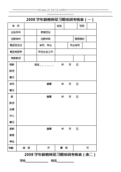 2008学年新教师见习期培训考核表(一)
