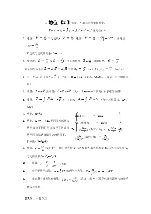 大学普通物理公式大全