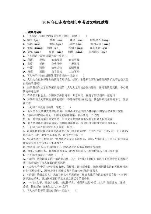 2016年山东省滨州市中考语文模拟试卷(解析版)