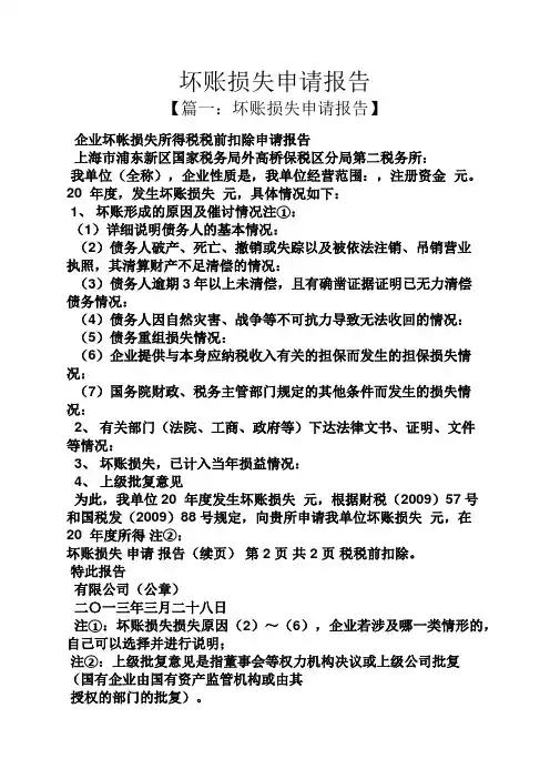 工作报告之坏账损失申请报告