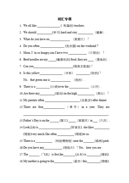 词汇专项(专项训练)人教PEP版英语六年级下册