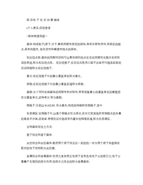 固态电子论半导体物理固体物理部分名词解释(精)
