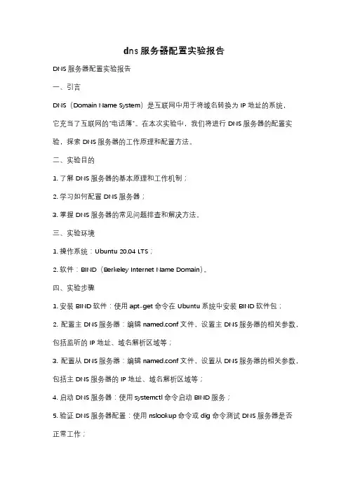 dns服务器配置实验报告