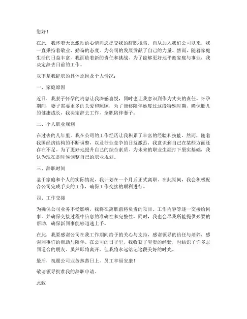 妻子怀孕辞职报告范文