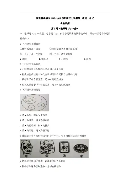 湖北省孝感市2017-2018学年高三上学期第一次统一模拟考试生物试题 Word版含答案