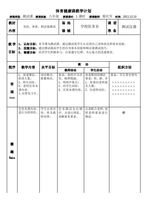 体育健康课教学计划-身高、体重、肺活量测试(1课时)