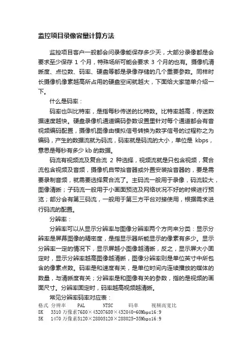 监控项目录像容量计算方法