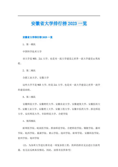 安徽省大学排行榜2023一览