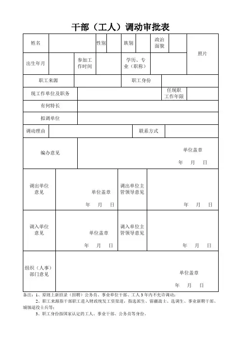 县内干部(工人)调动审批表