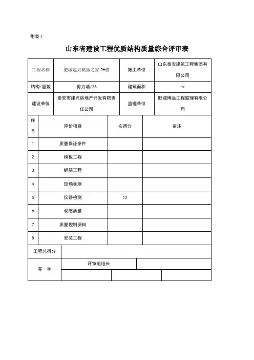 山东省优质结构评分表