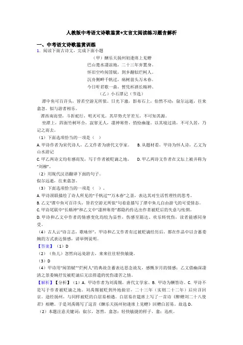 人教版中考语文诗歌鉴赏+文言文阅读练习题含解析