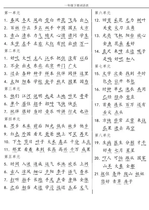 人教版一年级下册词语表