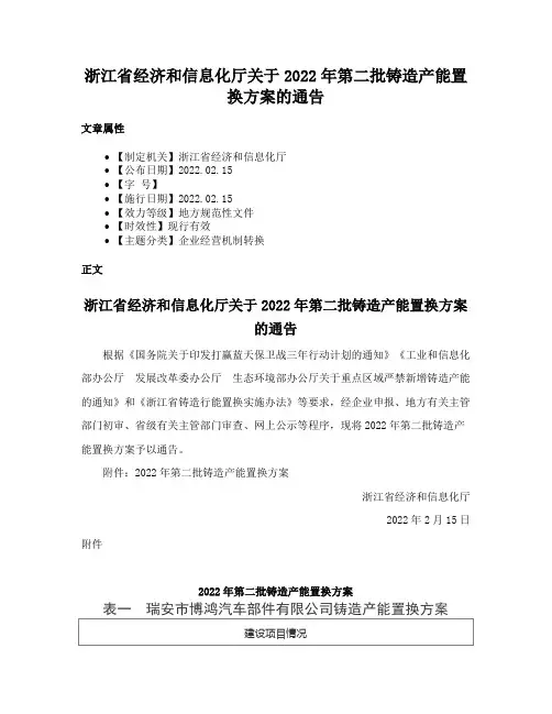 浙江省经济和信息化厅关于2022年第二批铸造产能置换方案的通告