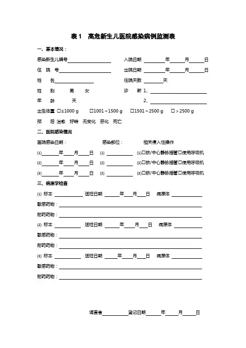 表1  高危新生儿医院感染病例监测表