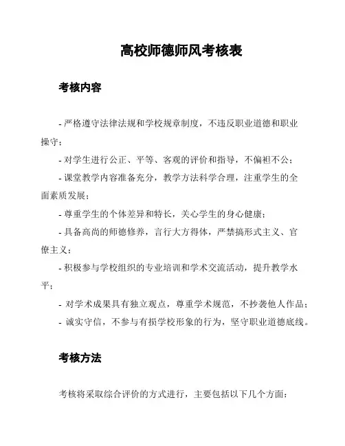 高校师德师风考核表