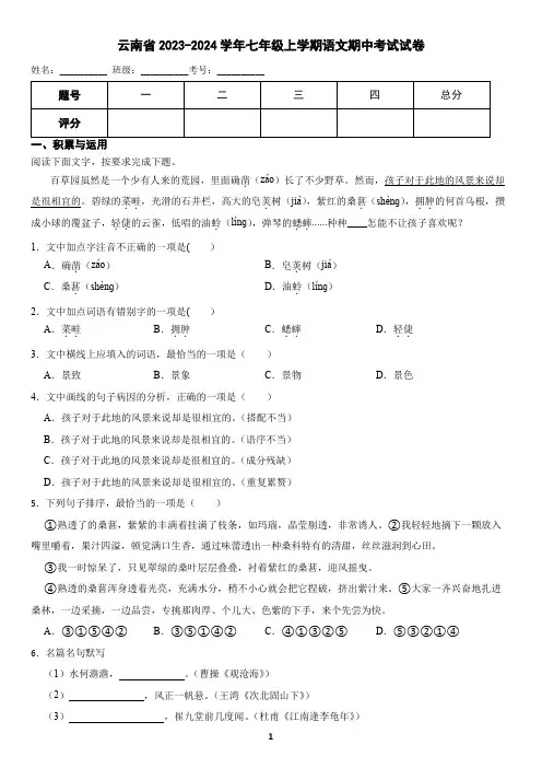 云南省2023-2024学年七年级上学期语文期中考试试卷(含答案)