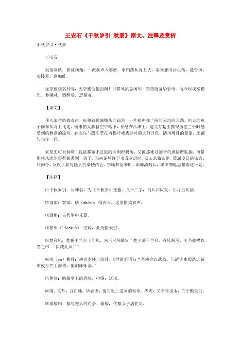 初中语文 古诗文赏析 王安石《千秋岁引 秋景》原文、注释及赏析