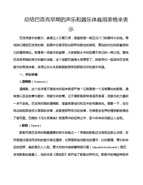 总结巴洛克早期的声乐和器乐体裁用表格来表示
