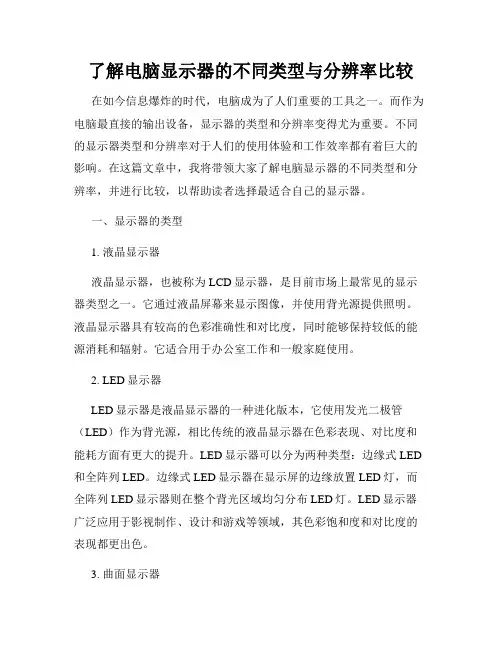 了解电脑显示器的不同类型与分辨率比较