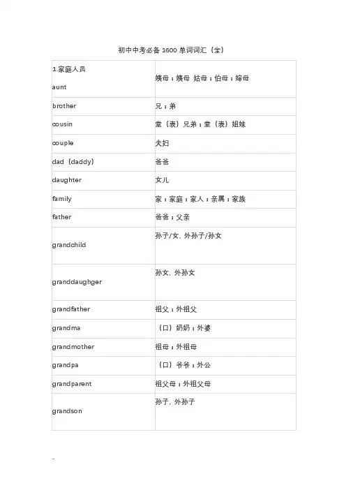 (word完整版)初中中考必备1600单词词汇(全)