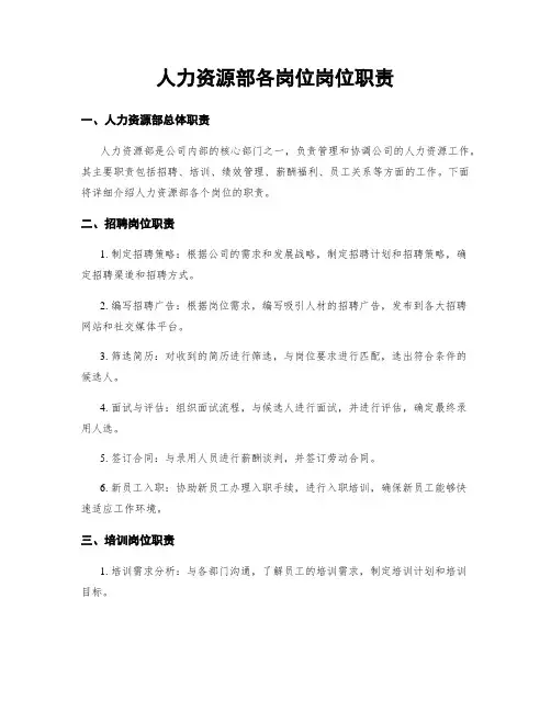人力资源部各岗位岗位职责