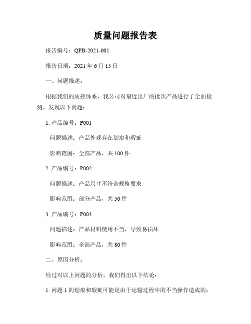 质量问题报告表